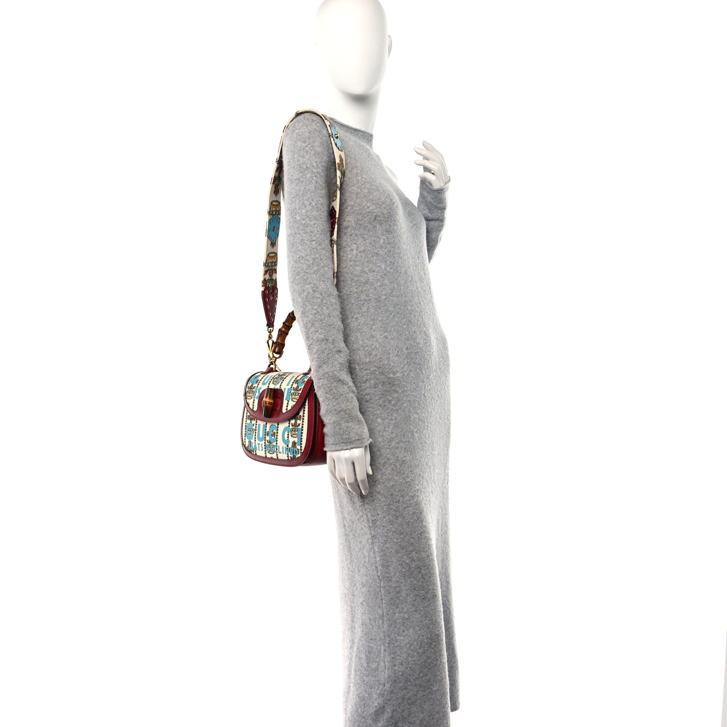 Gucci Canvas Calfskin 100 Centennial Music Small Bamboo 1947 Top Handle Bag Ivory Red 2 of 9