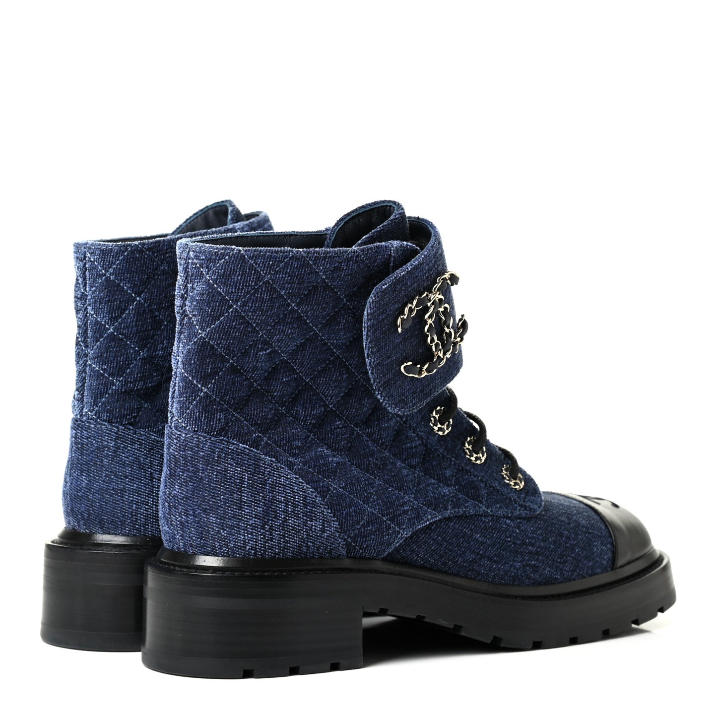 Shiny Calfskin Velvet Quilted Lace Up Combat Boots 39.5 Blue Black