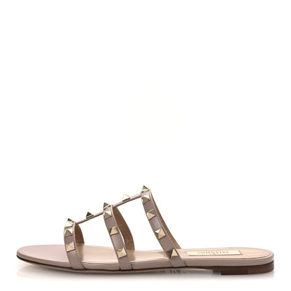 Valentino Garavani Calfskin Rockstud Caged Flat Slide Sandals 37.5 Poudre 1 of 14