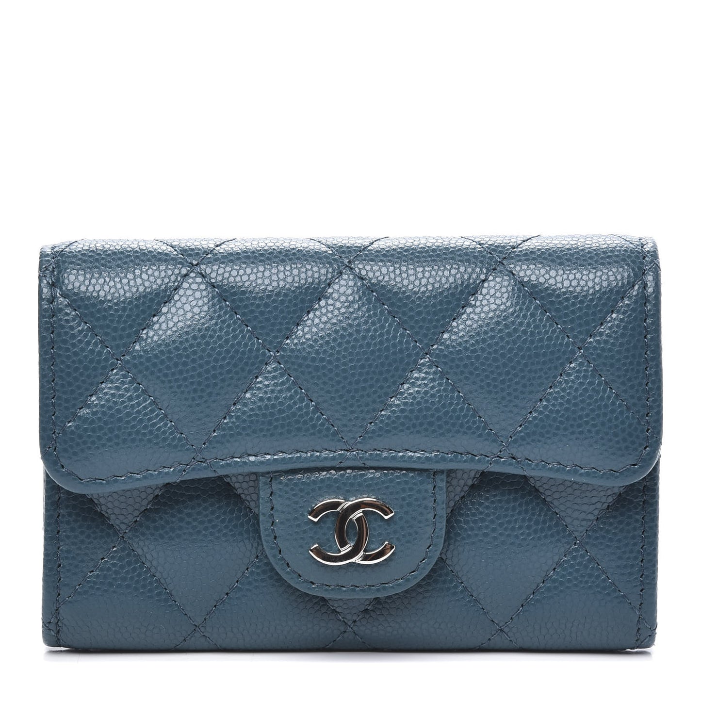 Caviar Quilted Flap Card Holder Wallet Dark Turquoise