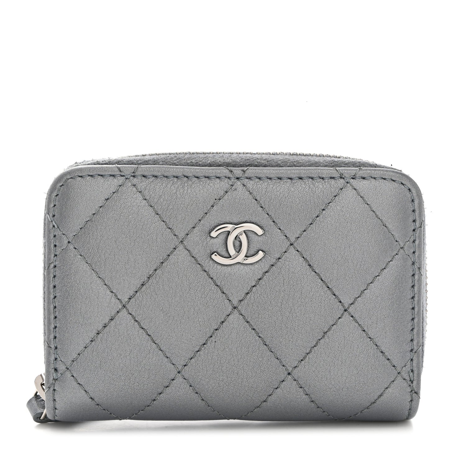 Iridescent Calfskin Quilted Zip Coin Purse Wallet Light Blue