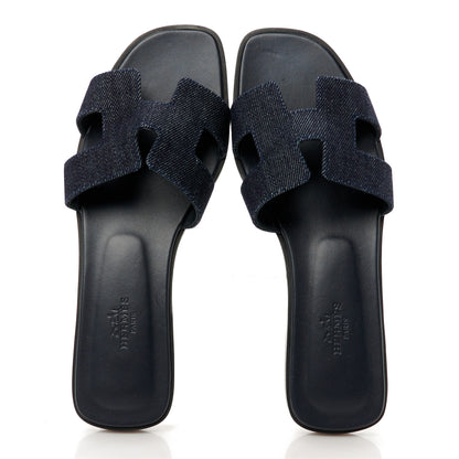 Hermes Denim Canvas Oran Sandals 37.5 Bleu Brut 2 of 9