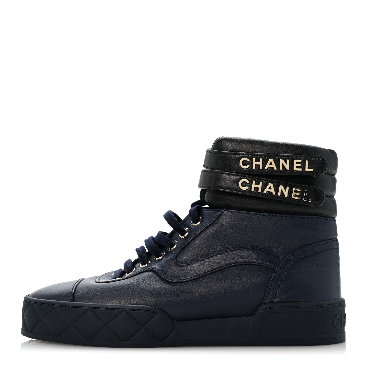 Chanel Lambskin Logo High Top Sneakers 36 Navy Black 1 of 11