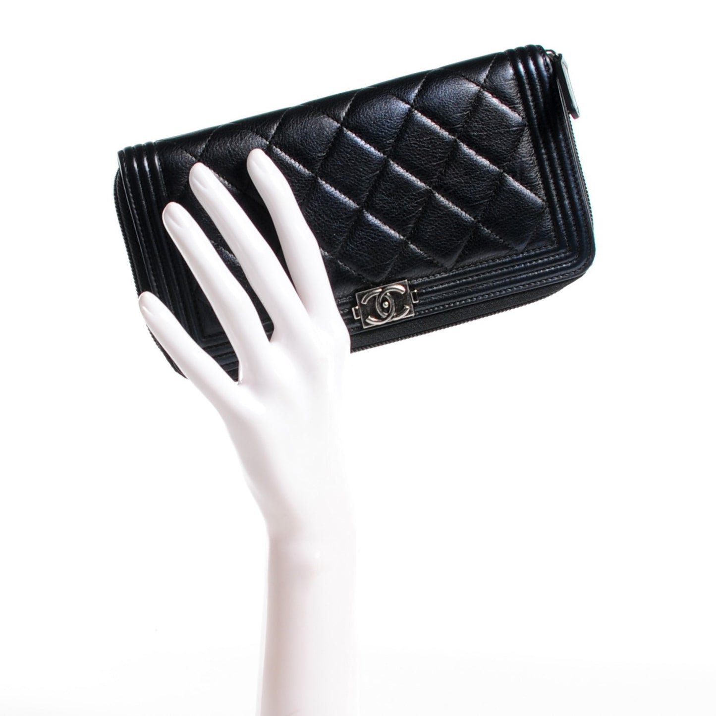 Calfskin Quilted Boy Zip Around Wallet Black