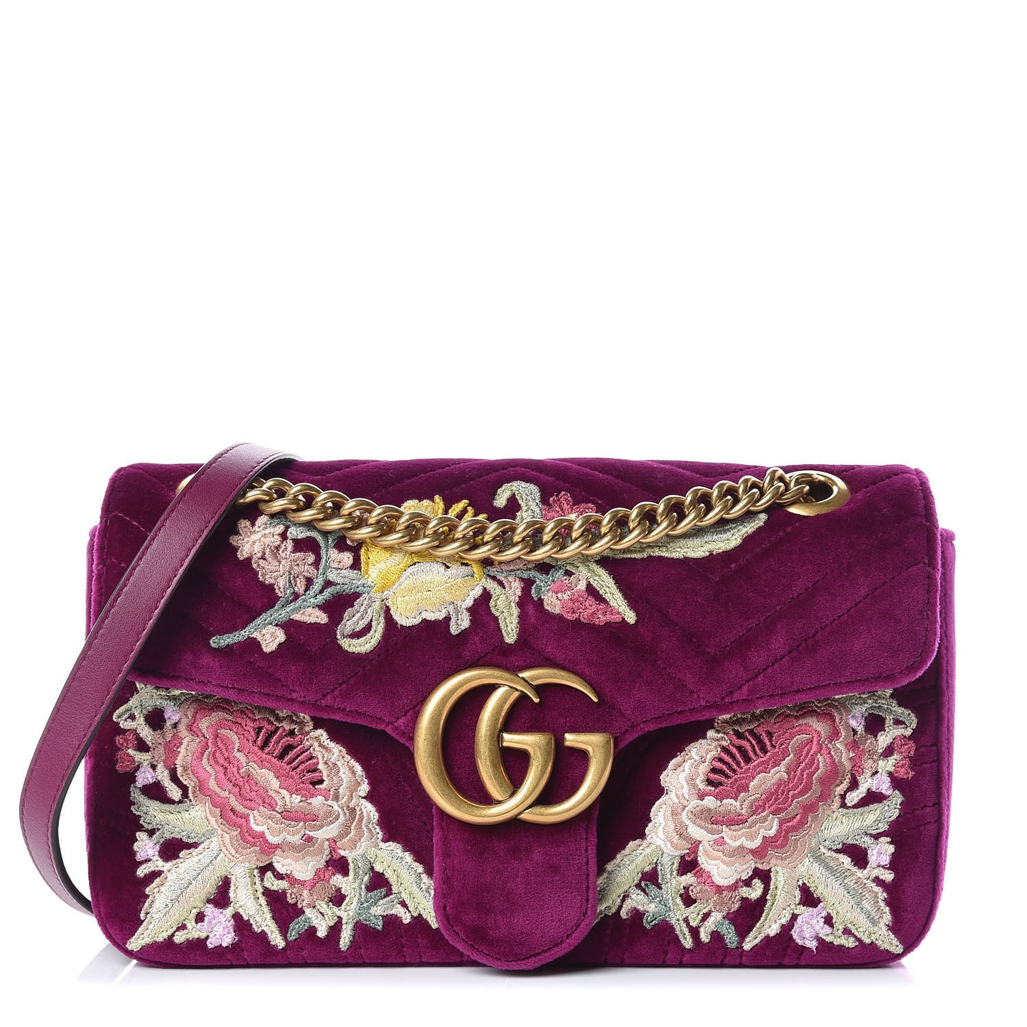 Velvet Matelasse Embroidered Small GG Marmont Shoulder Bag Fuchsia Violet Cyclamen