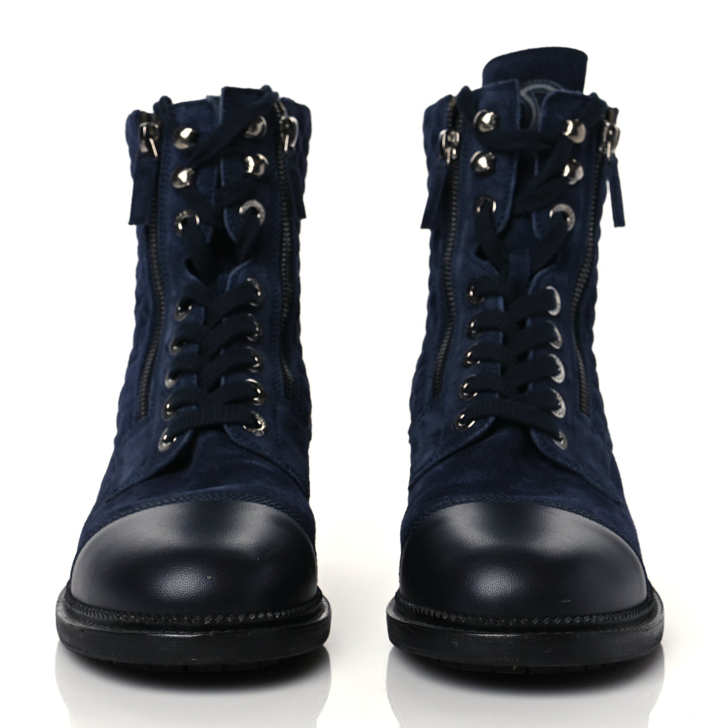 Suede Quilted CC Lace Up Combat Boots 39 Navy Black