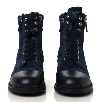 Chanel Suede Quilted CC Lace Up Combat Boots 39 Navy Black 2 of 8