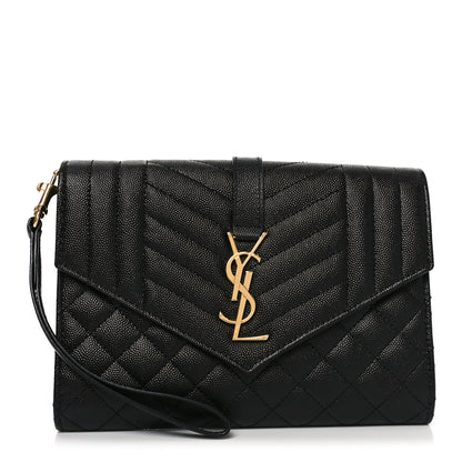 Saint Laurent Grain De Poudre Textured Mixed Matelasse Triquilt Monogram Clutch Black 1 of 10