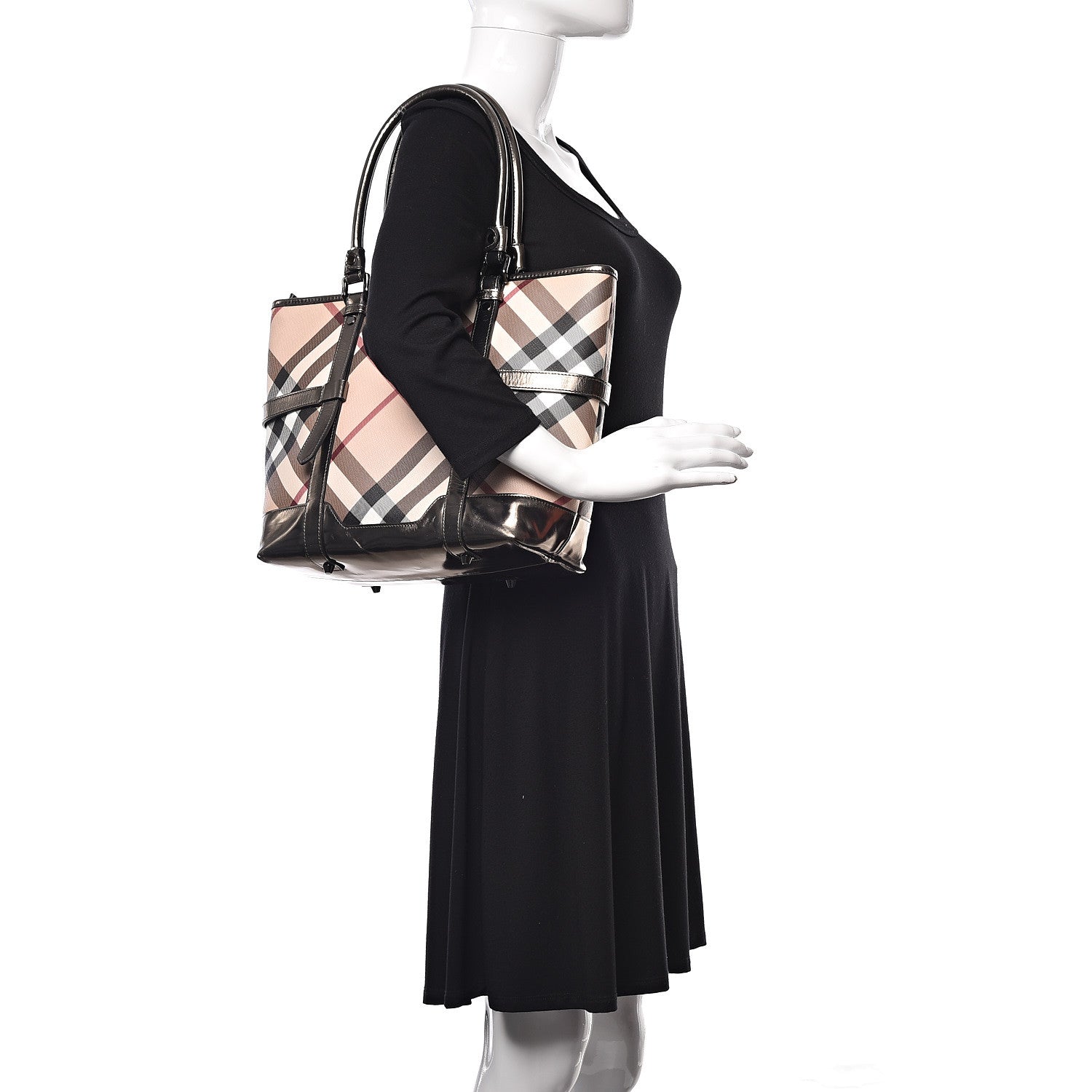 Burberry Metallic Calfskin Nova Check Tote Pewter 2 of 16