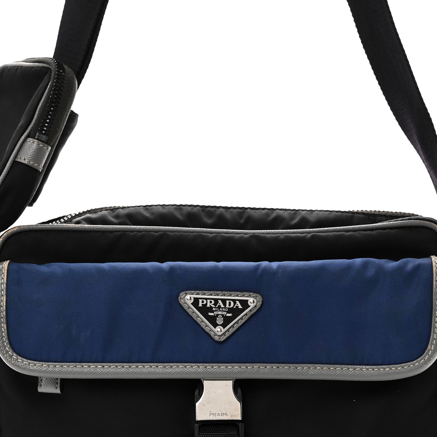 Tessuto Nylon Saffiano Pocket Single Snap Buckle Messenger Flap Bag Black Bleuette Marmo