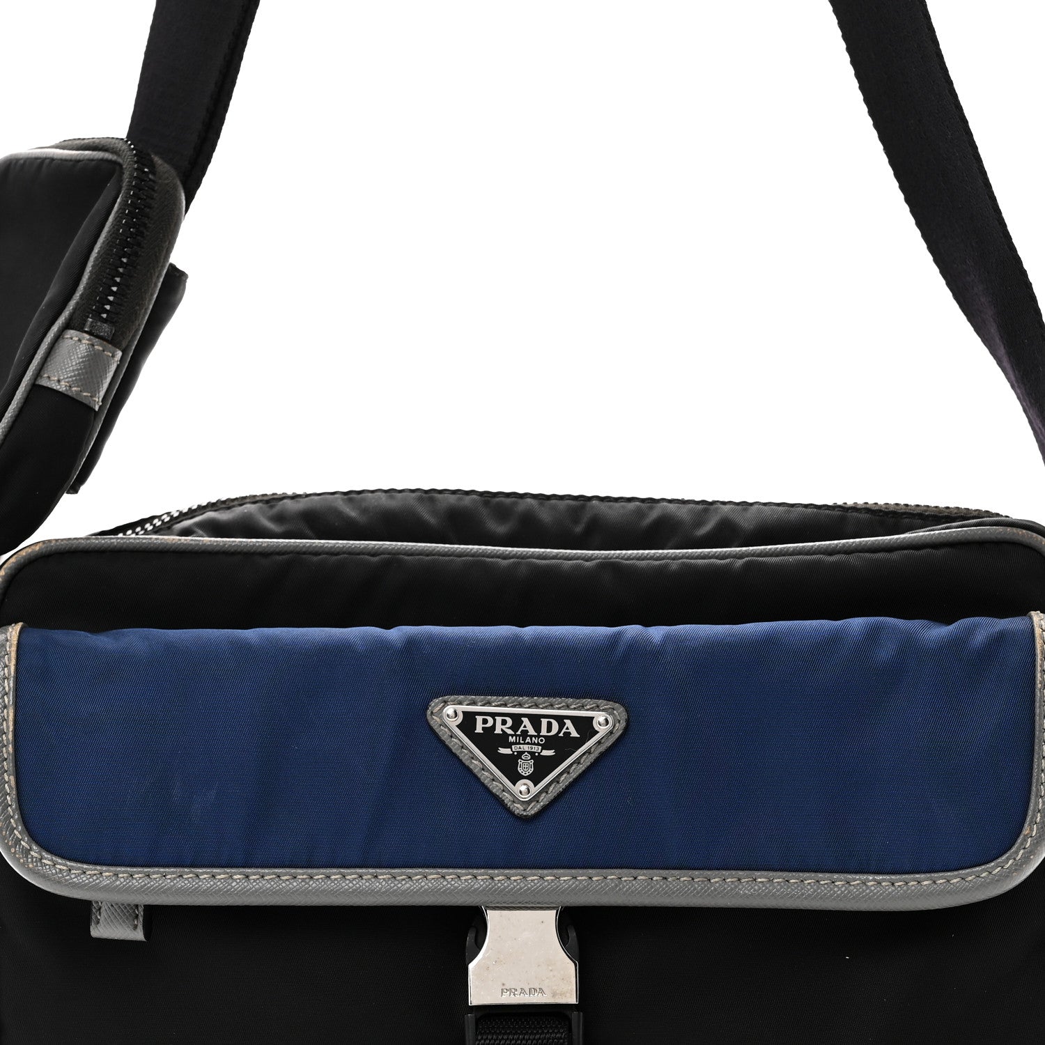 Prada Tessuto Nylon Saffiano Pocket Single Snap Buckle Messenger Flap Bag Black Bleuette Marmo 7 of 9