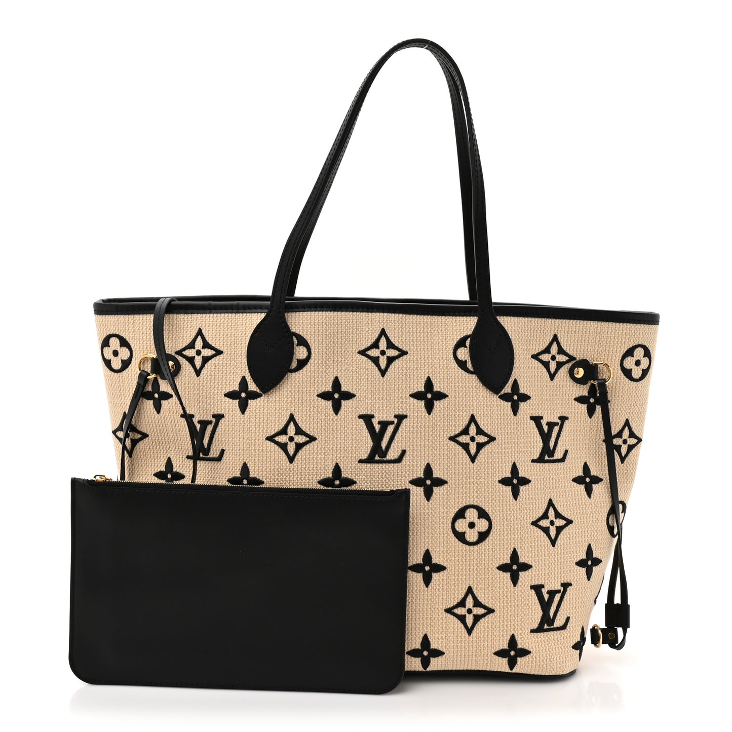 Cotton Monogram Embroidered Neverfull MM Beige Black