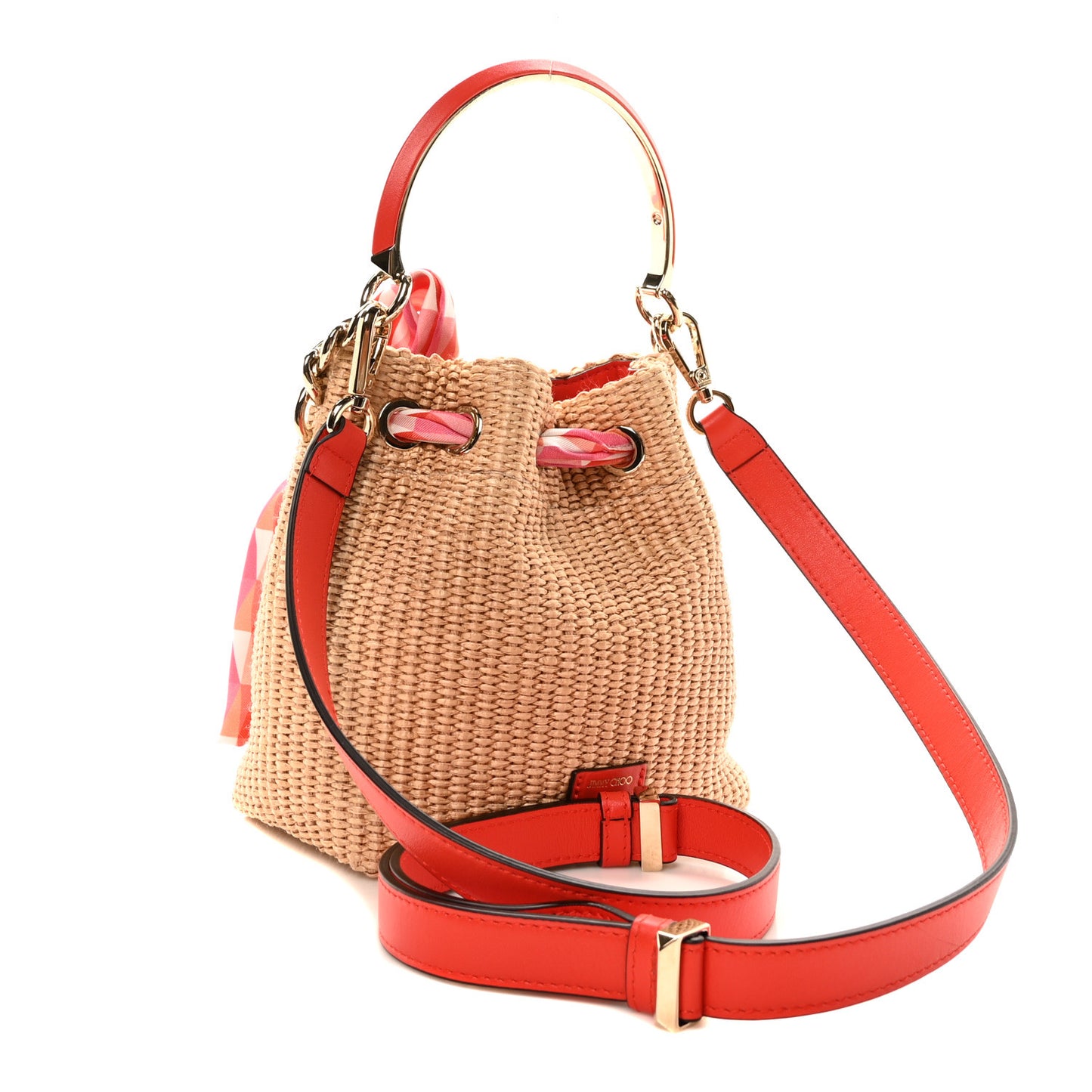 Raffia Bon Bon Bow Bucket Bag Natural Paprika