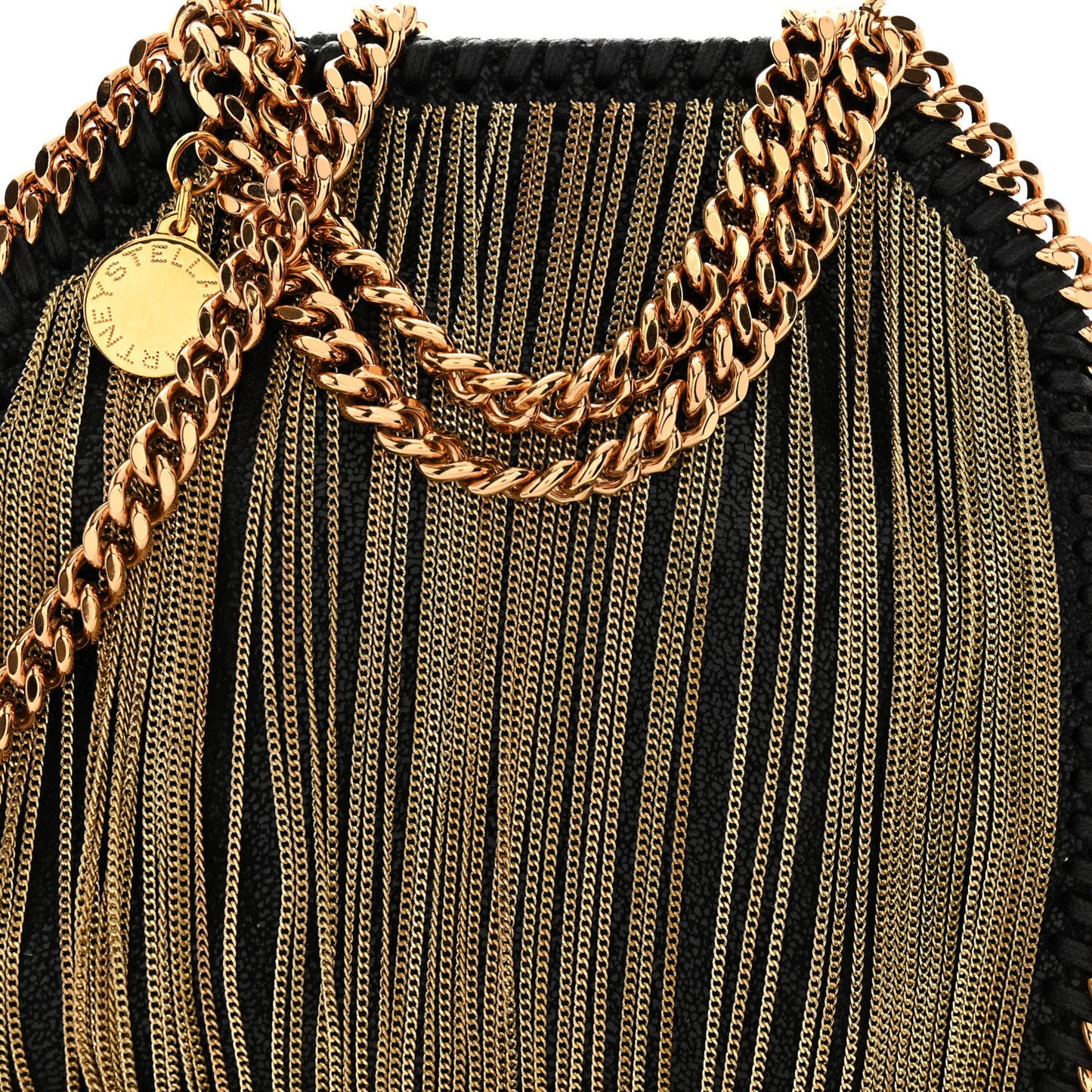 Eco Suede Tiny Fringe Falabella Tote Black Gold