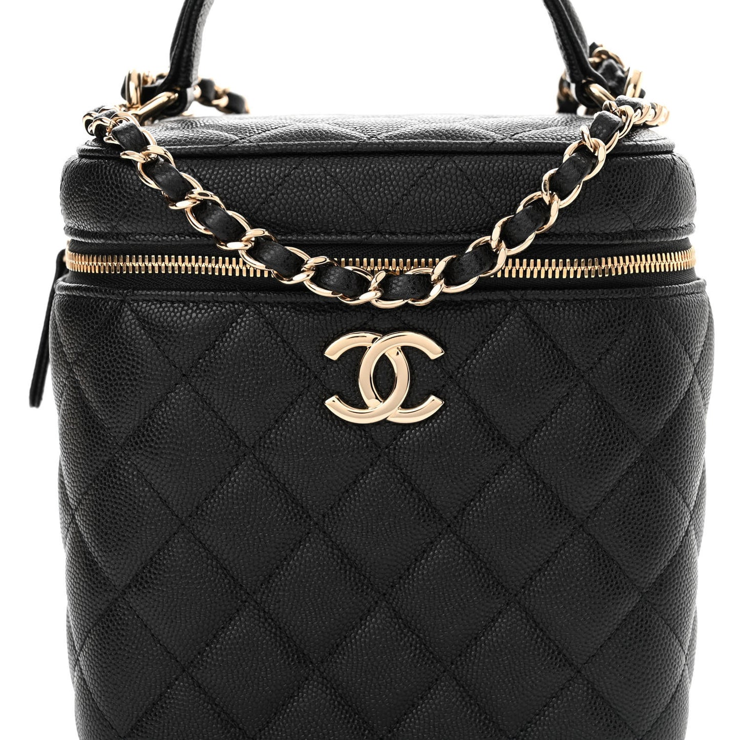 Caviar Quilted Small Top Handle Vanity Case With Chain Black