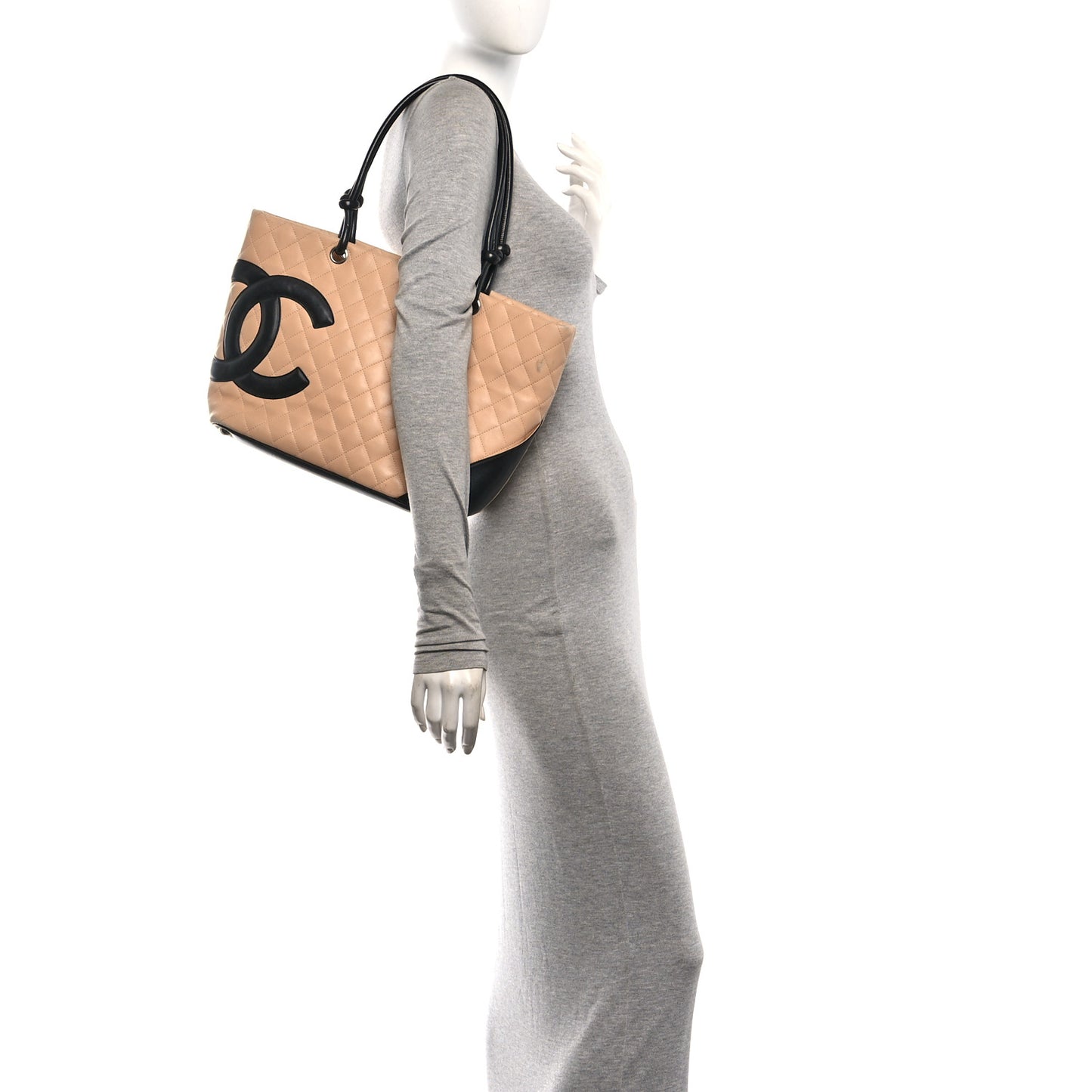 Calfskin Quilted Large Cambon Tote Beige Black