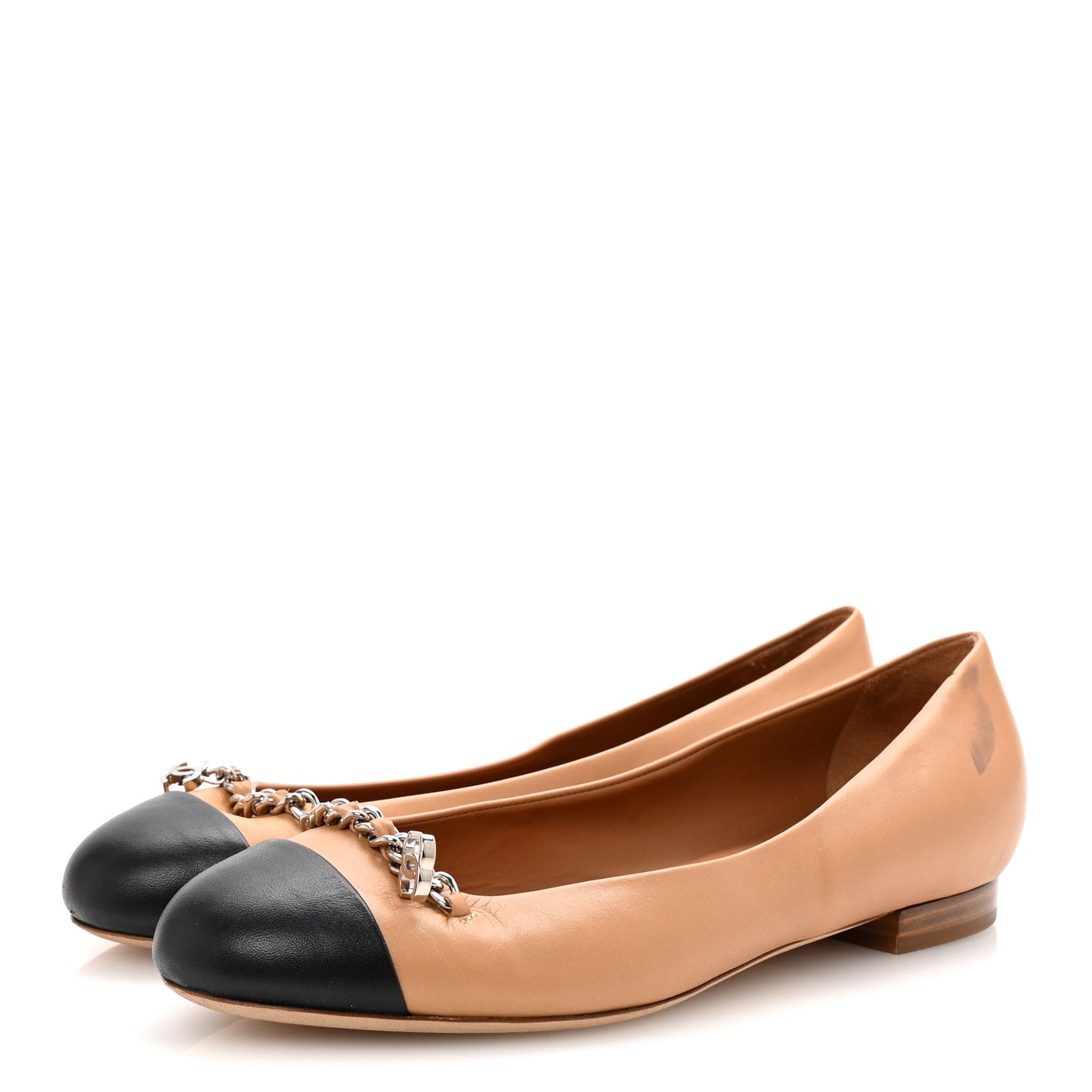 Lambskin Cap Toe Chain Ballerina Flats 37.5 Beige Black