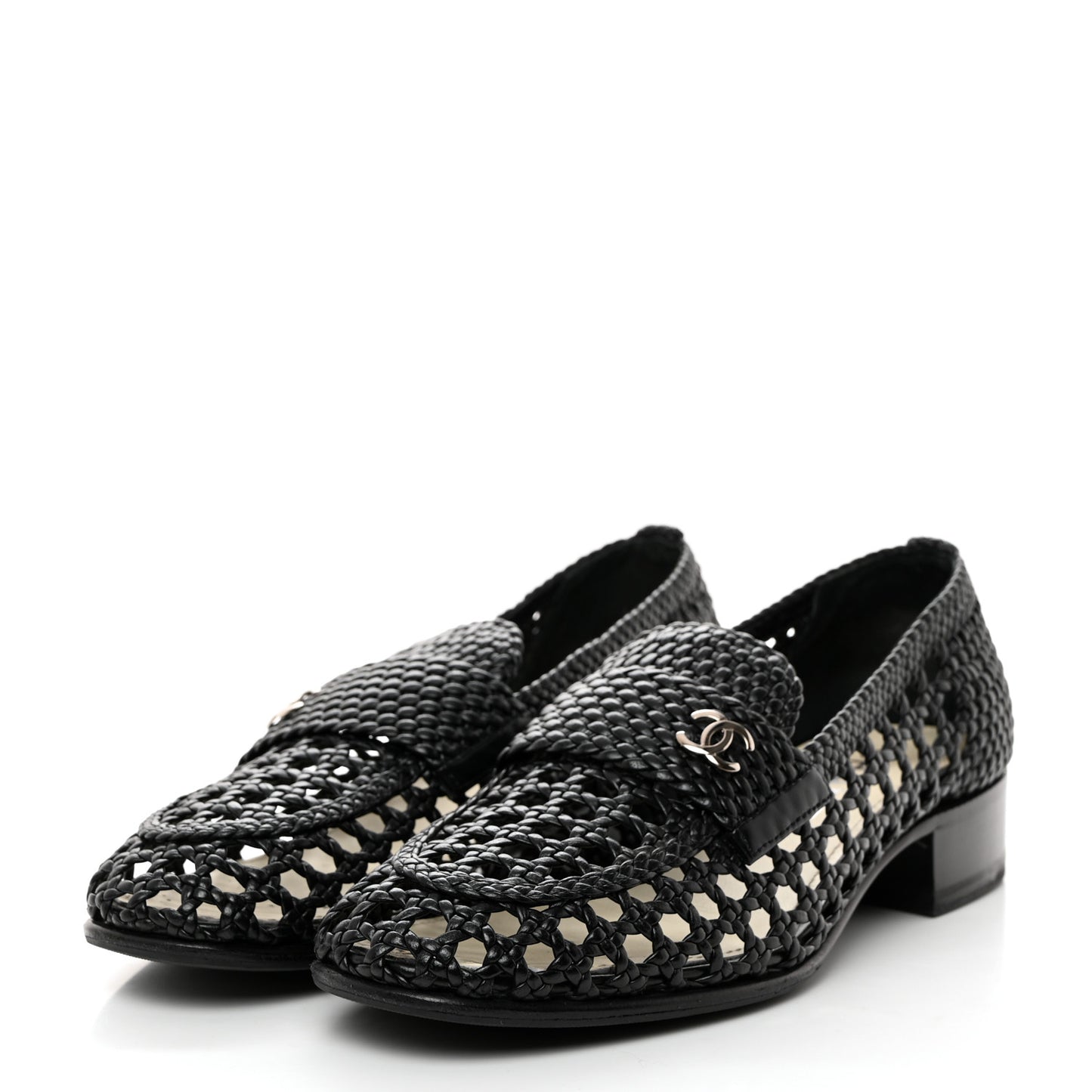 Shiny Braided Goatskin Loafers 37.5 Black