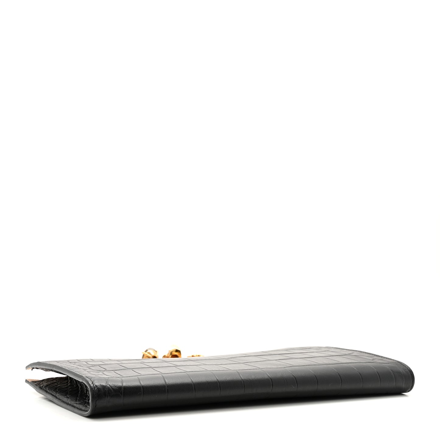 Calfskin Crocodile Embossed Knuckle Flat Clutch Black Gold