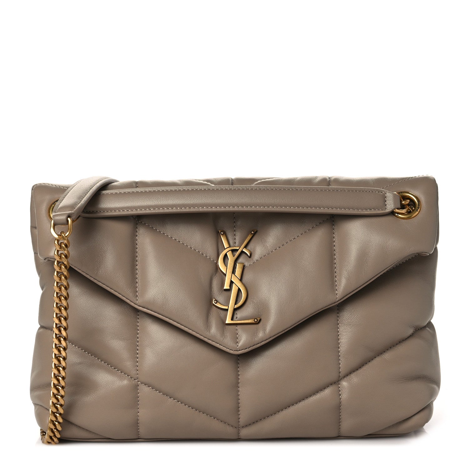 Saint Laurent Lambskin Quilted Small Loulou Puffer Monogram Chain Satchel Dark Beige 1 of 7