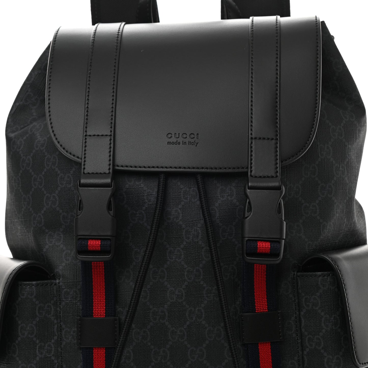 Soft GG Supreme Monogram Appia Calfskin Web Double Buckle Backpack Black