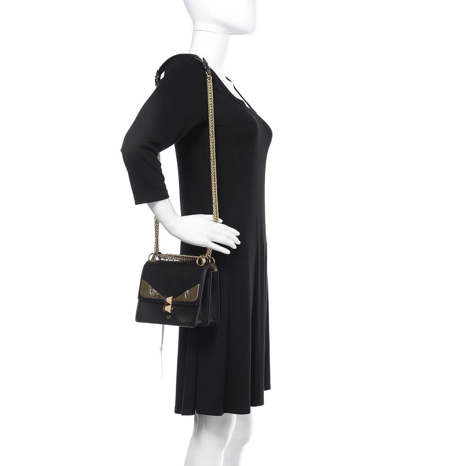 Fendi Vitello Liberty Metal Monster Eyes Small Kan I Shoulder Bag Black Gold 2 of 10