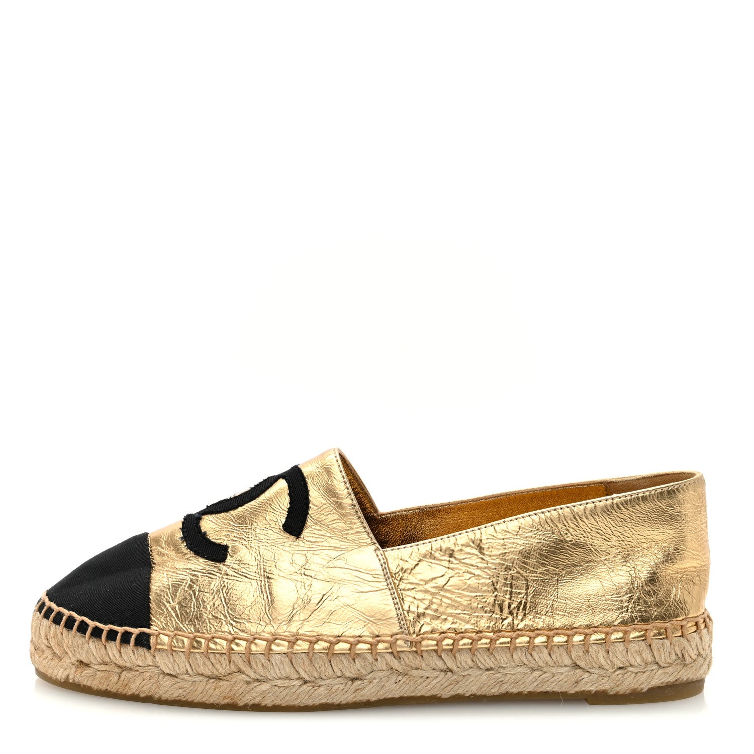 Chanel Laminated Lambskin Grosgrain CC Espadrilles 37 Gold Black 1 of 8