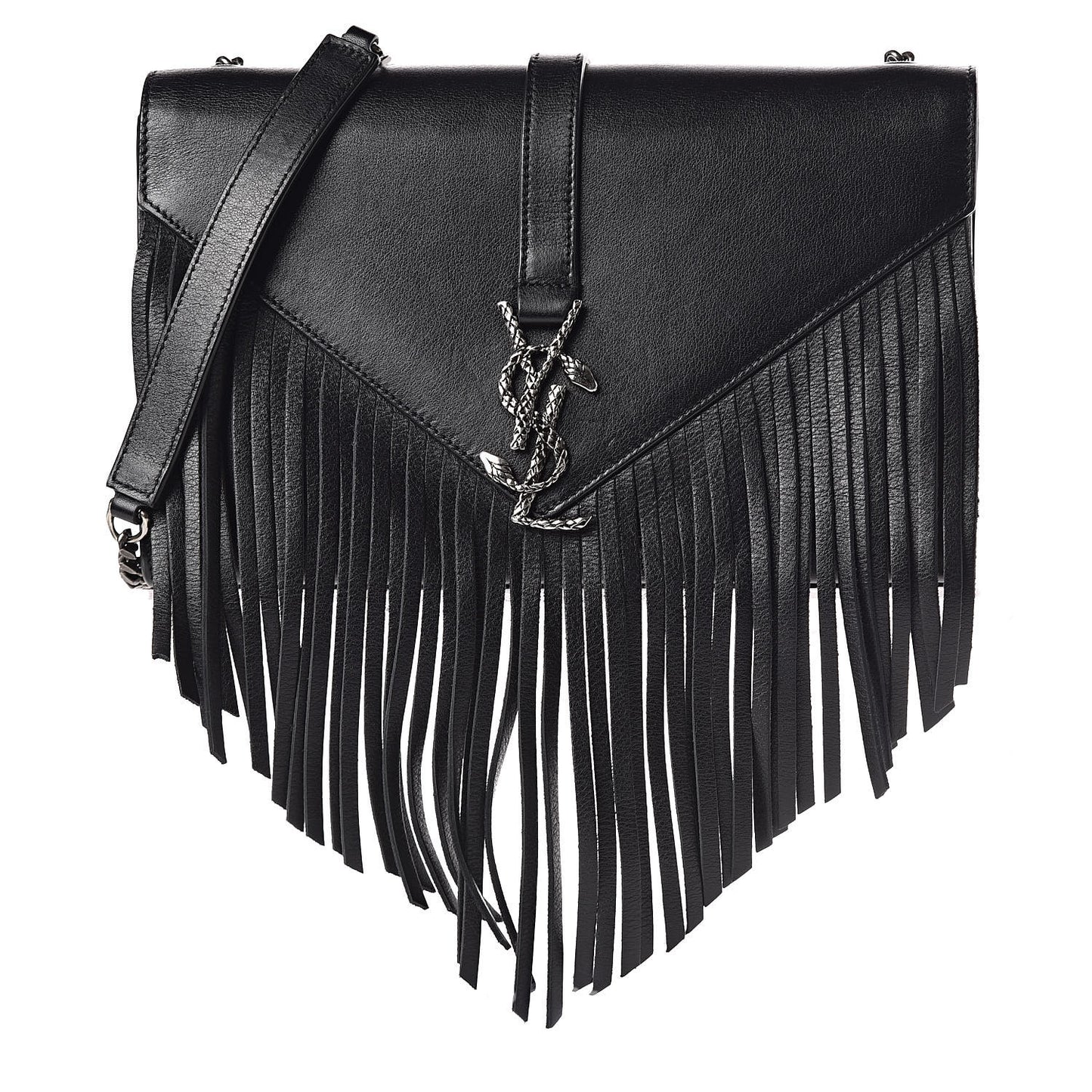 Calfskin Fringe Medium Snake Monogram Satchel Black