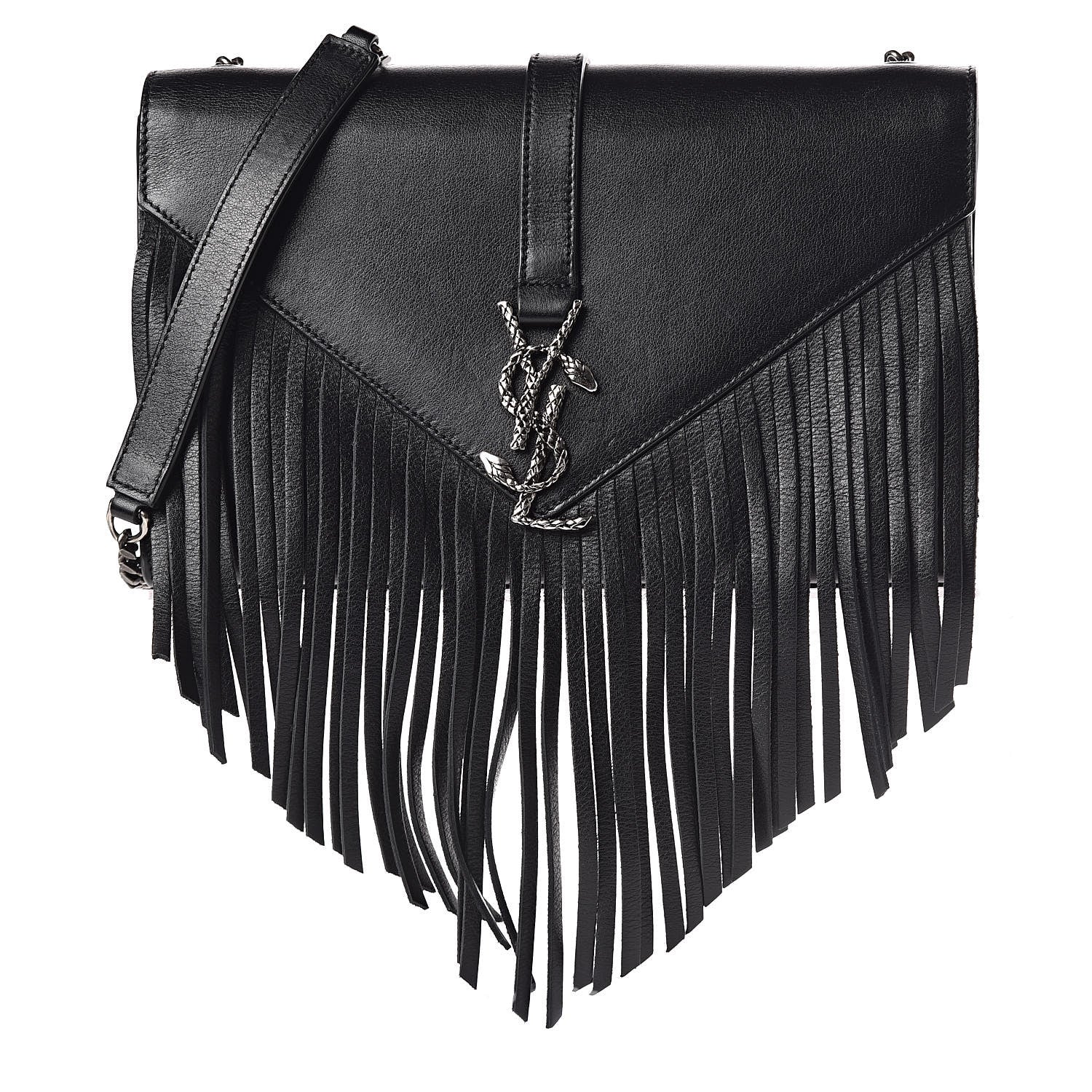Saint Laurent Calfskin Fringe Medium Snake Monogram Satchel Black 1 of 9