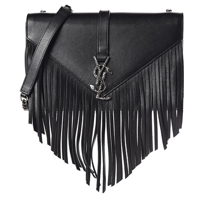 Saint Laurent Calfskin Fringe Medium Snake Monogram Satchel Black 1 of 9