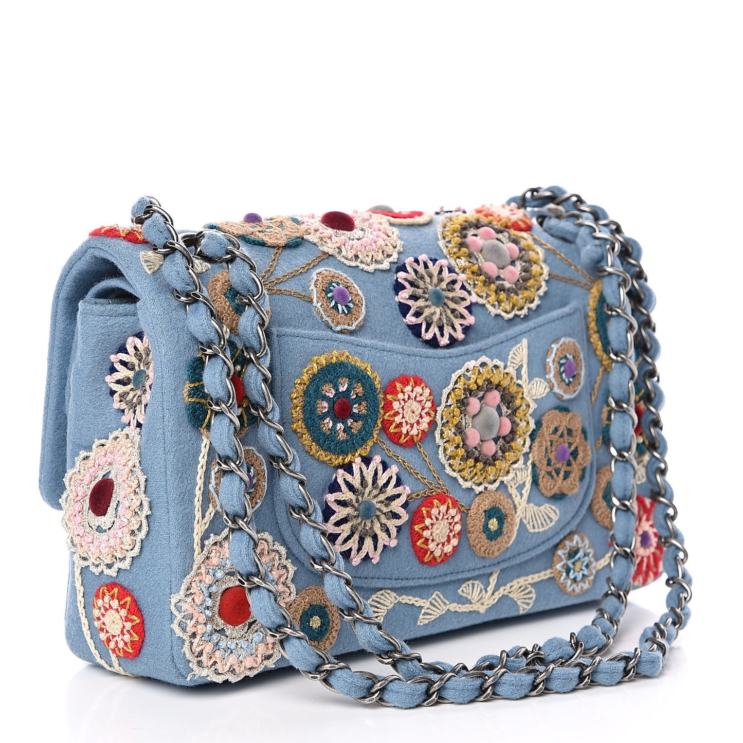 Felt Flower Embroidered Medium Double Flap Blue Multicolor