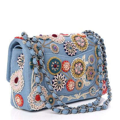 Chanel Felt Flower Embroidered Medium Double Flap Blue Multicolor 3 of 13