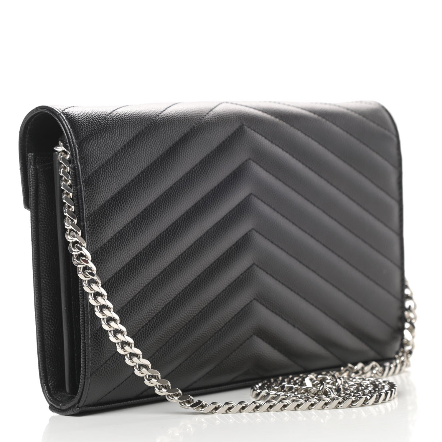 Saint Laurent Grain De Poudre Matelasse Chevron Monogram Chain Wallet Black 3 of 12
