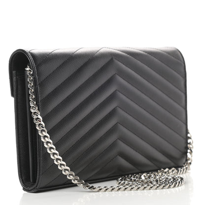 Saint Laurent Grain De Poudre Matelasse Chevron Monogram Chain Wallet Black 3 of 12