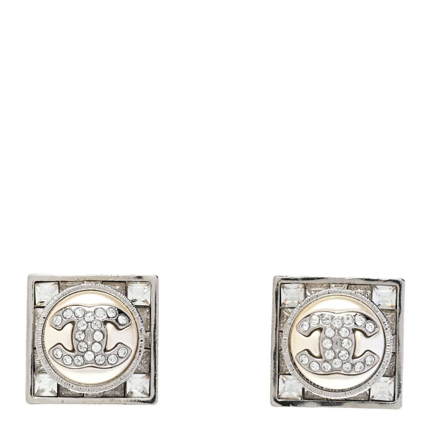Metal Crystal Square CC Earrings Silver