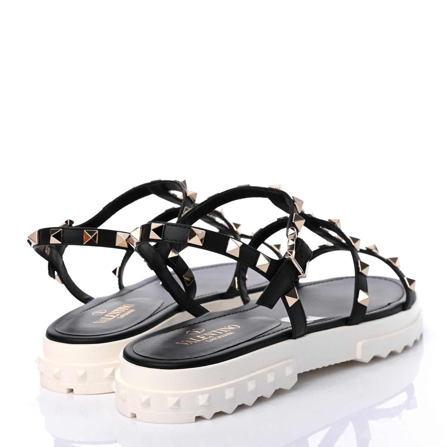 Valentino Garavani Calfskin Bedrock Rockstud Ankle Flat Sandals 40 Black 3 of 4