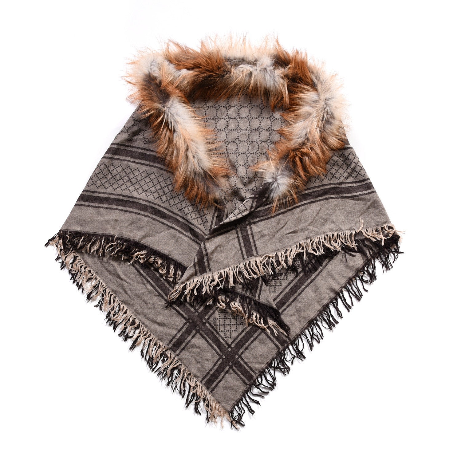 Gucci Wool Silk Fox Fur Monogram Shawl Scarf Brown 1 of 3