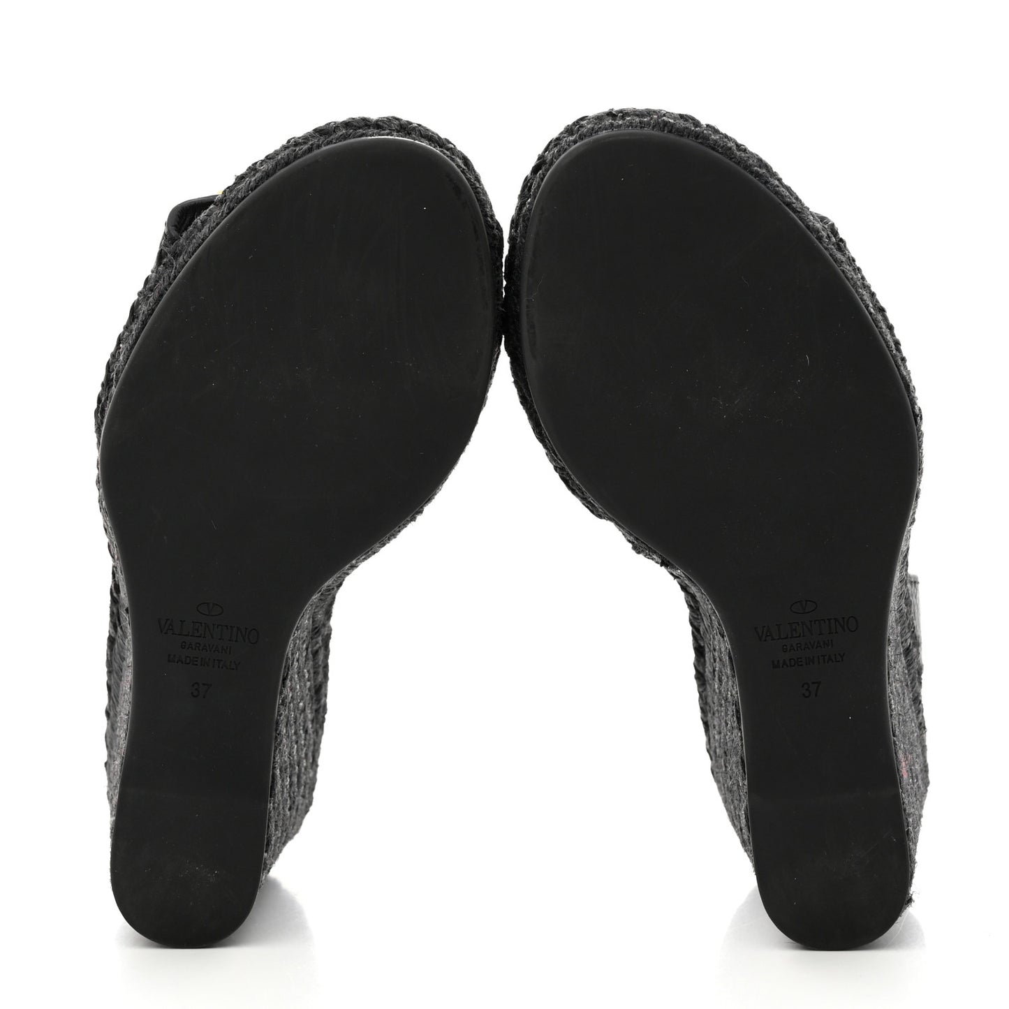 Grainy Cowhide VLogo Ankle Wrap Espadrille Wedge Sandals 37 Black