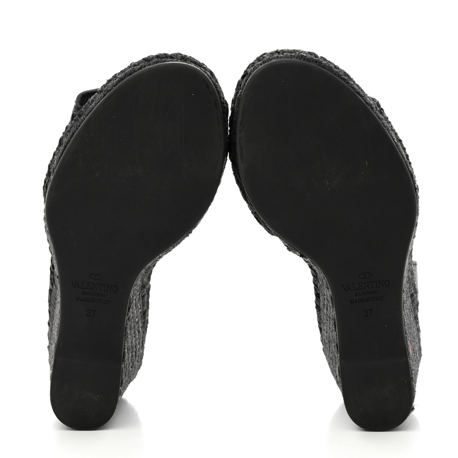Valentino Garavani Grainy Cowhide VLogo Ankle Wrap Espadrille Wedge Sandals 37 Black 5 of 8