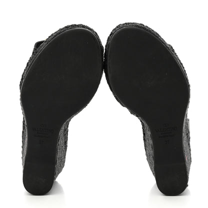 Valentino Garavani Grainy Cowhide VLogo Ankle Wrap Espadrille Wedge Sandals 37 Black 5 of 8