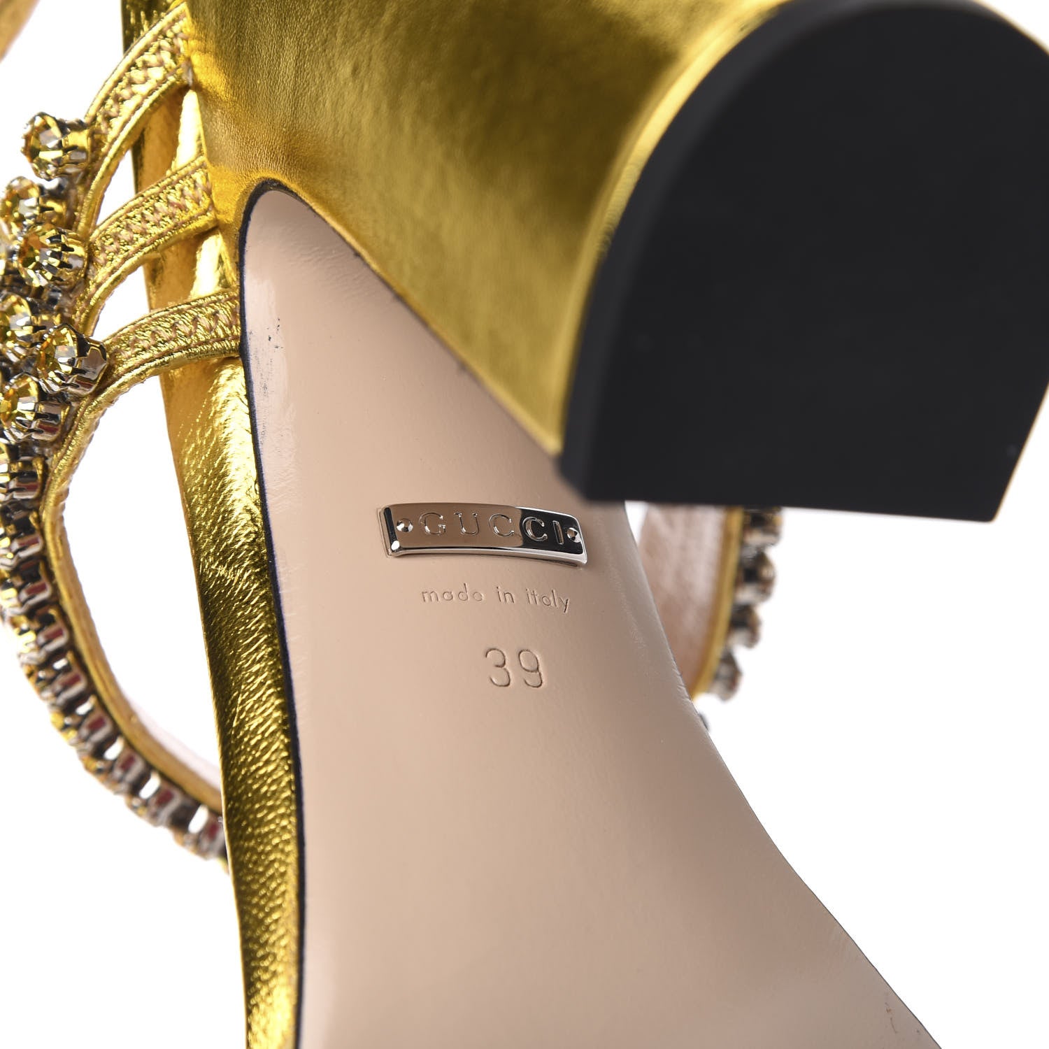 Gucci Nappa Silk Crystal Bertie High Heel Sandals 39 Gold 6 of 7
