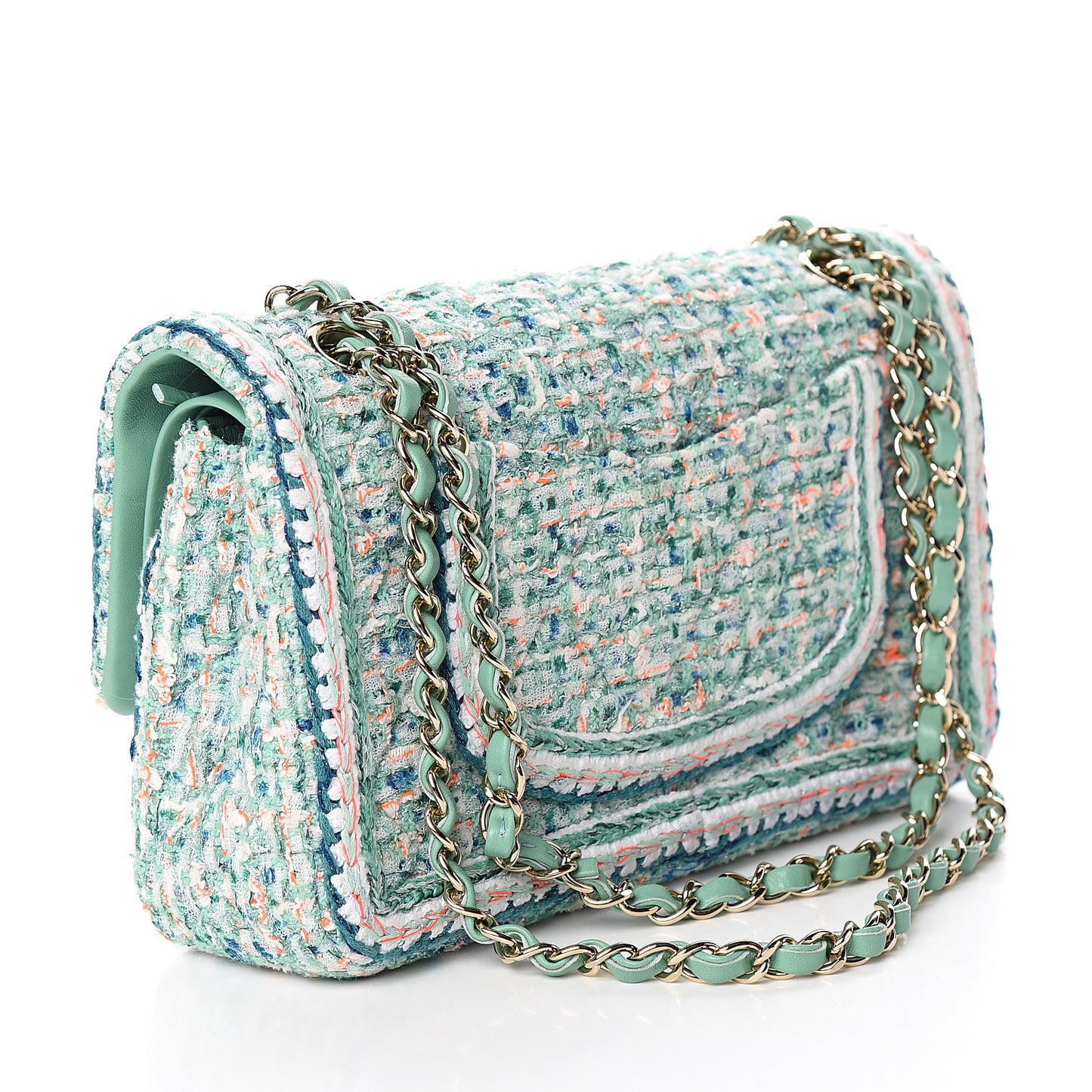 Tweed Quilted Medium Double Flap Green White Blue Orange