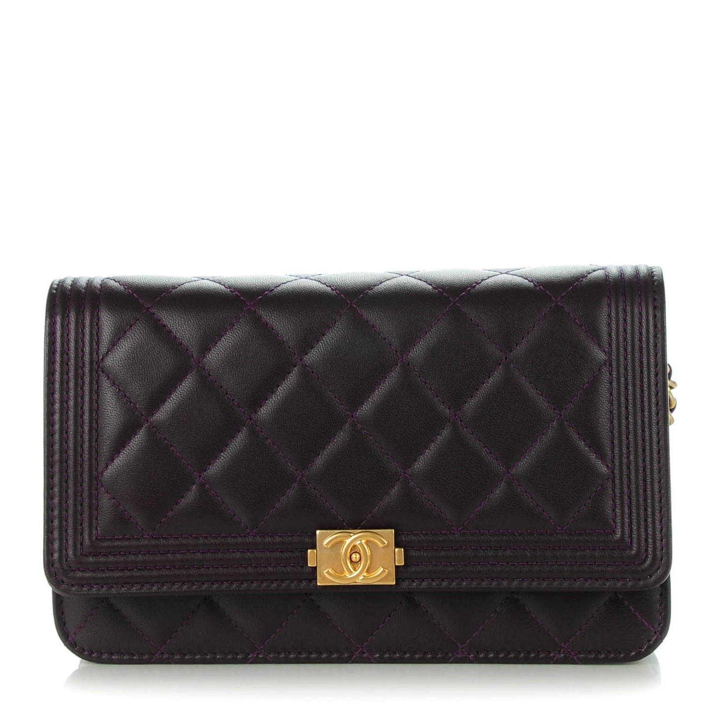 Lambskin Quilted Boy Wallet On Chain WOC Dark Purple