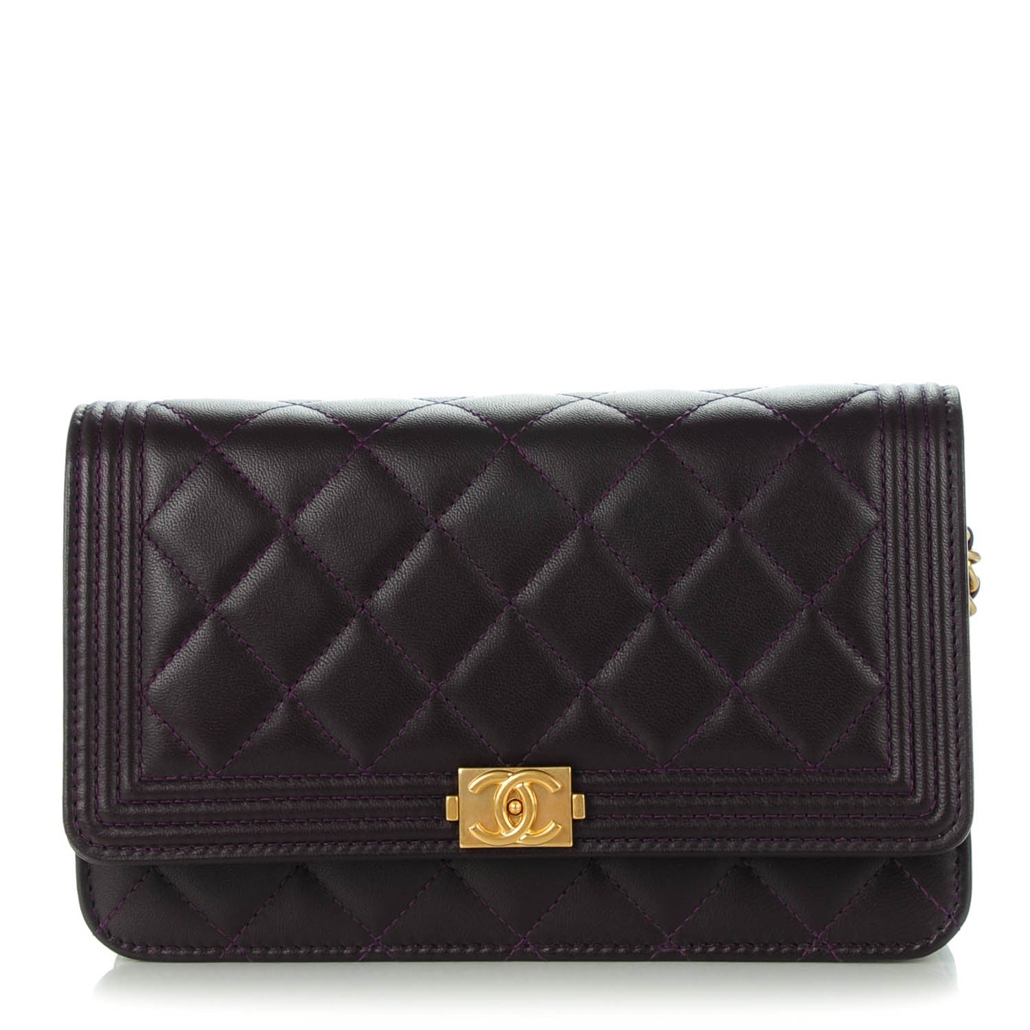 Chanel Lambskin Quilted Boy Wallet On Chain WOC Dark Purple 1 of 8