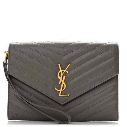 Saint Laurent Grain De Poudre Matelasse Chevron Monogram Envelope Clutch Earth 1 of 8