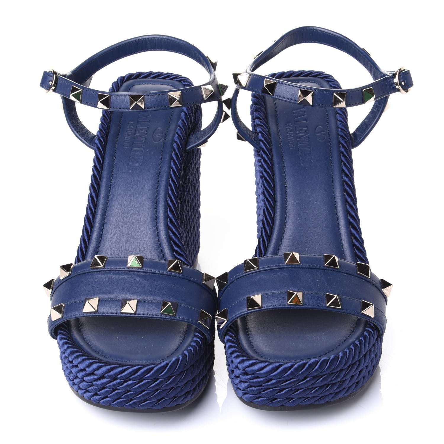 Valentino Garavani Calfskin Rockstud Torchon Espadrille Wedge Sandals 37 Pure Blue 3 of 10