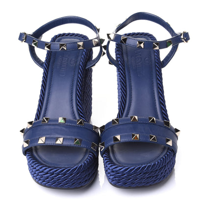 Valentino Garavani Calfskin Rockstud Torchon Espadrille Wedge Sandals 37 Pure Blue 3 of 10