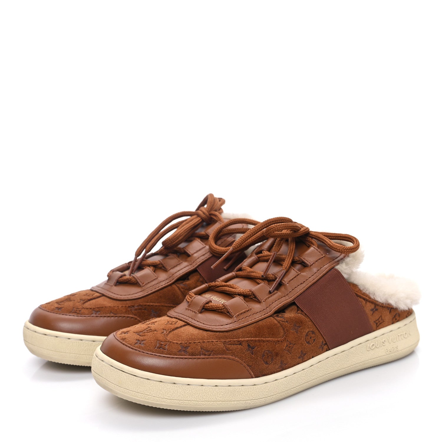 Louis Vuitton Suede Monogram Debossed Shearling Lous Open Back Sneakers 39 Cognac 3 of 9
