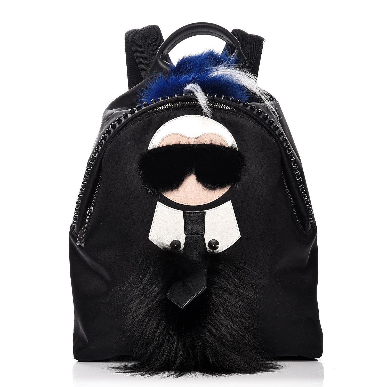 Fendi Nylon Vitello Century Mink Fox Goat Fur Studded Karlito Backpack Black Multicolor 1 of 9