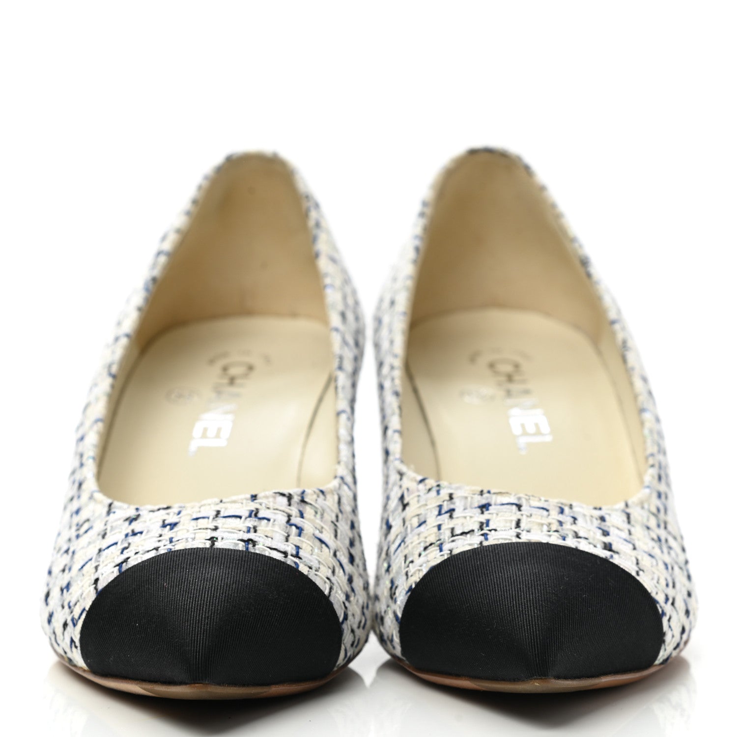 Chanel Tweed Pearl Cap Toe Pumps 38 White Black Blue 2 of 9